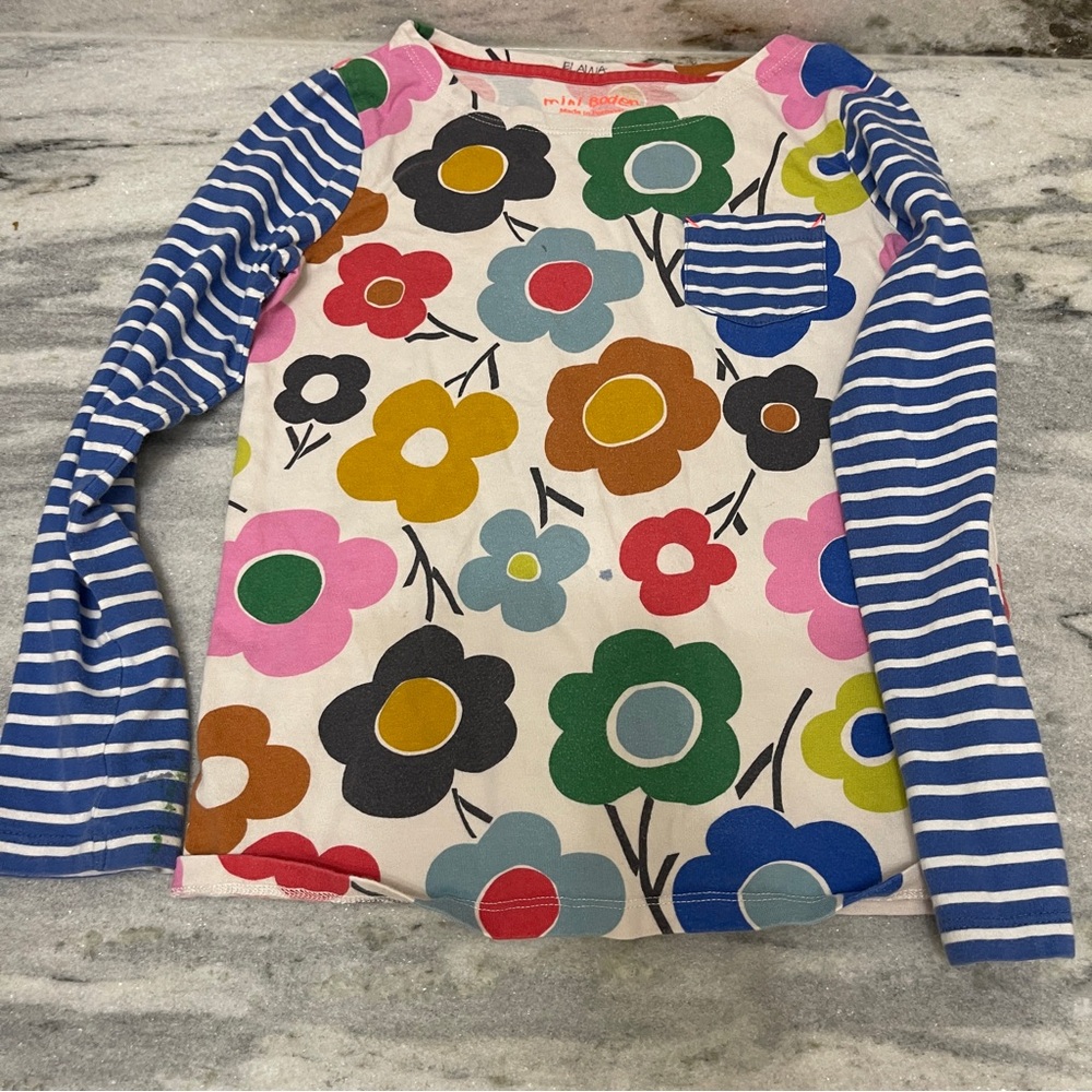 Mini Boden Colorful Floral Kids Shirt with Striped Sleeves size 7-8